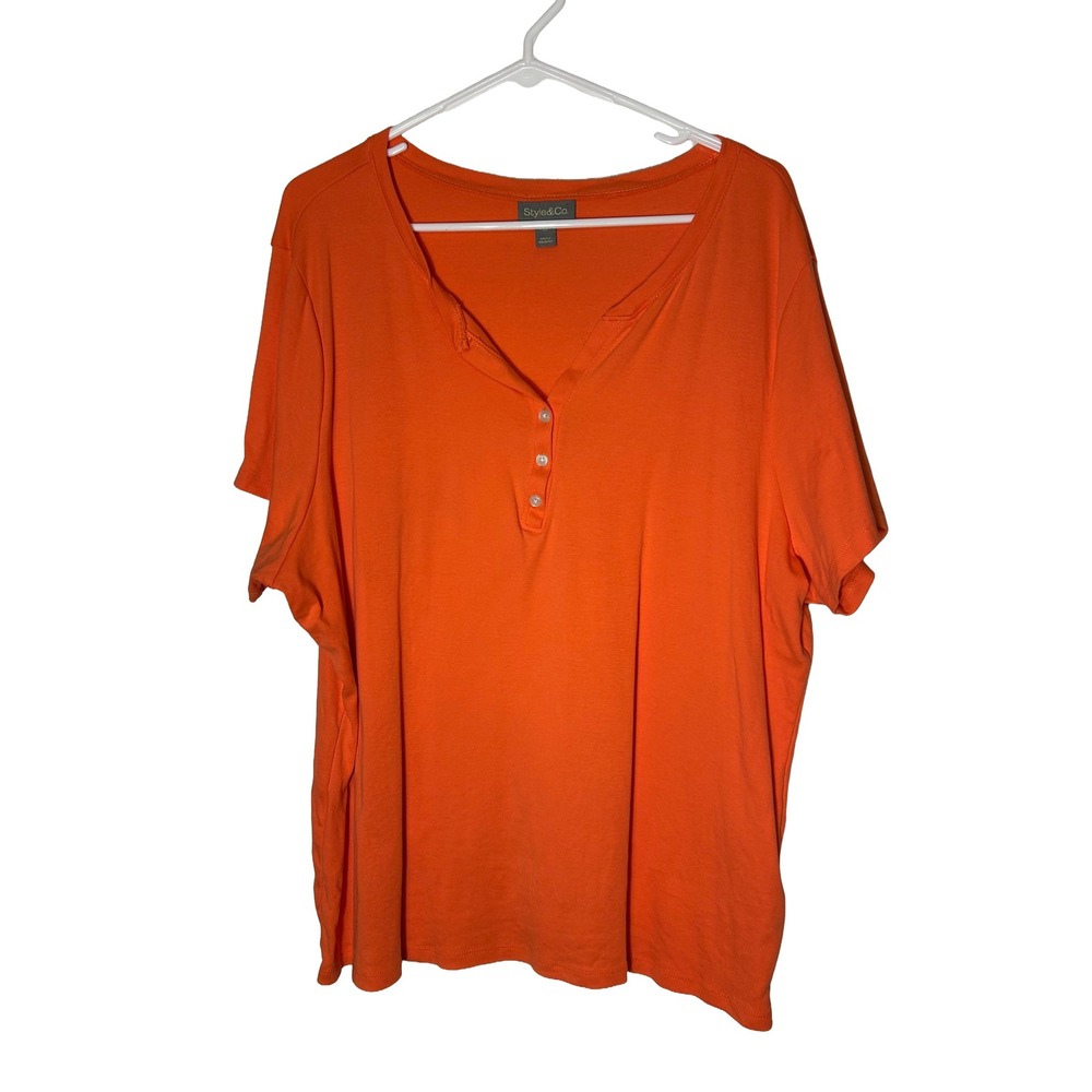 Style & Co Womens Plus 3X Orange Henley Short Sleeve 100% Cotton T-Shirt Top